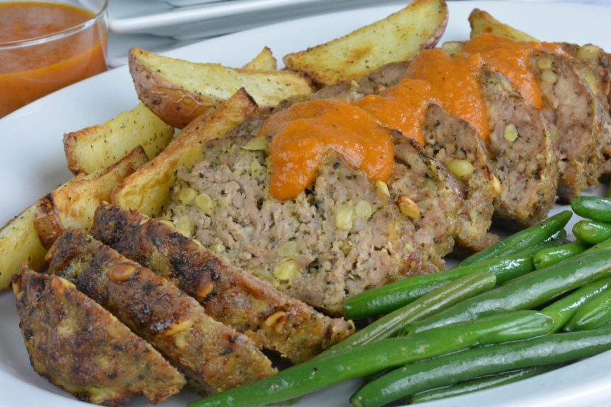 Italian Meat Loaf with Pine Nuts served with homemade tomato sauce.