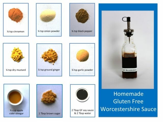 A bottle of homemade gluten free Worcestershire Sauce and pictures of all the ingredients.