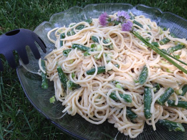 A bowl full of a gluten free Spicy Sesame Noodle Salad