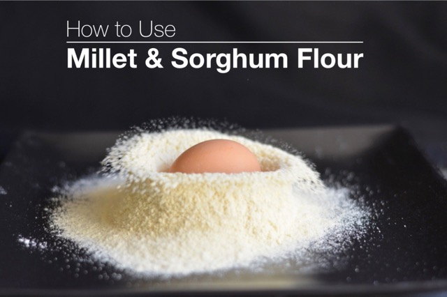 A playful pic of an egg dropping into millet flour for How To Use Millet Flour in gluten free baking.