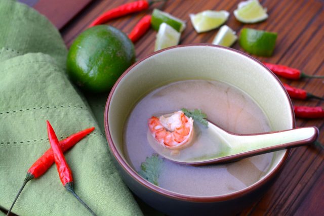 A bowl of homemade Thai Spicy Shrimp Soup.