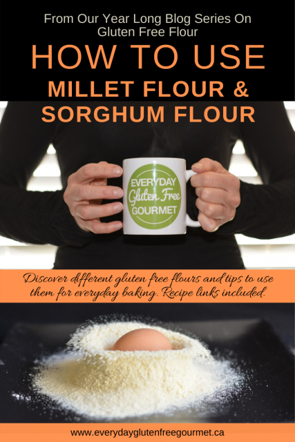 Photo of the Everyday Gluten Free Gourmet in black, holding coffee mug with logo, underneath is picture of her with an egg dropped in a pile of millet flour on a black background.
