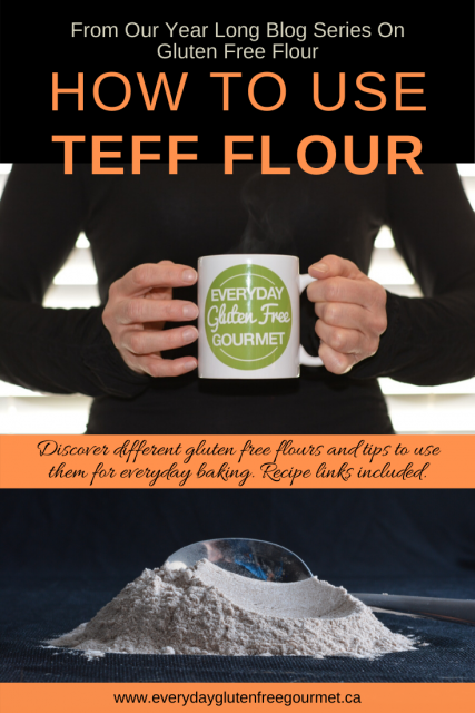A headless person in a black top holding a coffee mug with the Everyday Gluten Free Gourmet logo. Under that is a pile of teff flour on a black background with a spoon in it.