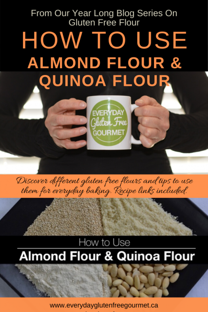 A black plate filled with almonds, almond flour, quinoa and quinoa flour.
