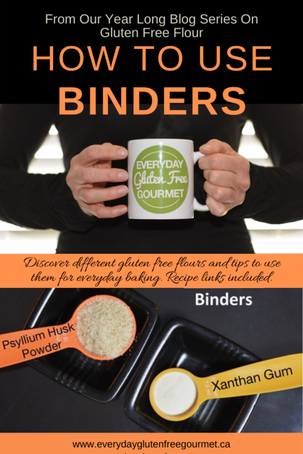 Photo of the Everyday Gluten Free Gourmet in black, holding coffee mug with logo, underneath is picture of 2 binders, psyllium husk and xanthan gum.