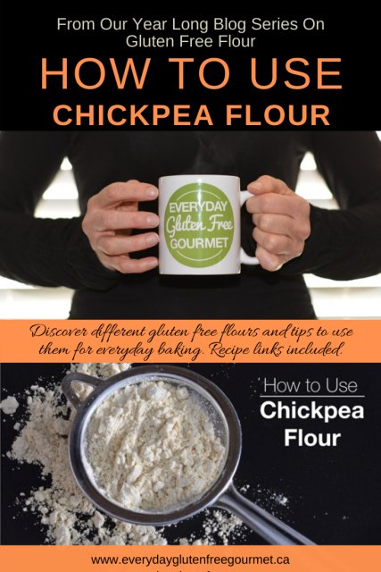 Photo of the Everyday Gluten Free Gourmet in black, holding coffee mug with logo, underneath is picture of chickpea flour.