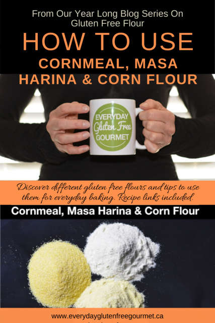 Photo of the Everyday Gluten Free Gourmet in black, holding coffee mug with logo, underneath is picture of cornmeal, masa harina and corn flour on a black background.