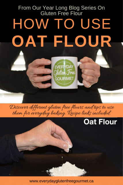 Photo of the Everyday Gluten Free Gourmet in black, holding coffee mug with logo, underneath is picture of her hand sprinkling oat flour.