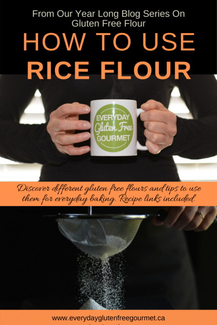 Photo of the Everyday Gluten Free Gourmet in black, holding coffee mug with logo, underneath is picture of her using rice flour on a black background.