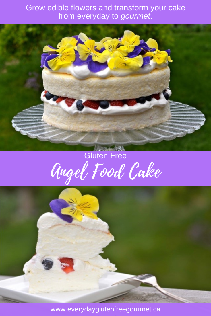 Angel Food Cake decorated with fresh pansies.