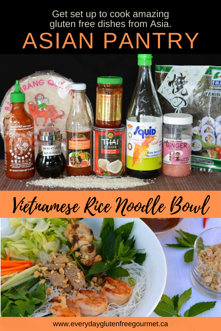 Photo of typical ingredients used in Thai and Vietnamese cooking, essential for your Asian Pantry. And a pic of a Vietnamese Rice Noodle Bowl.