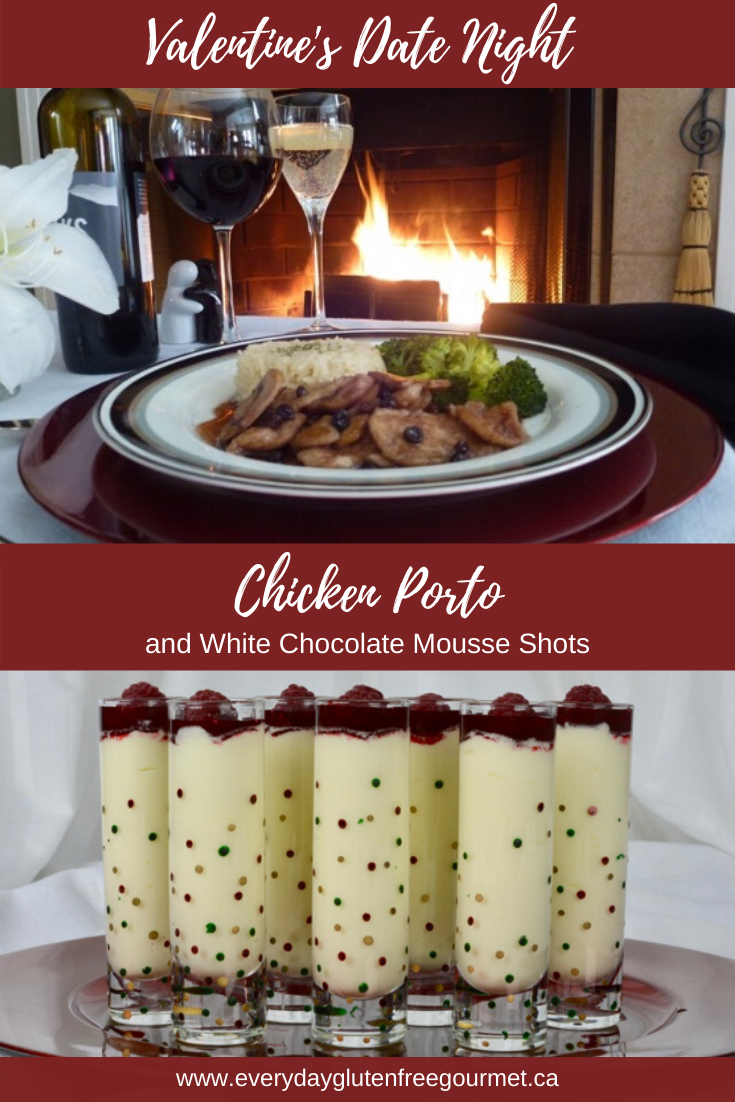 A Valentine's Date Night menu with Chicken Porto and White Chocolate Mousse Shots.