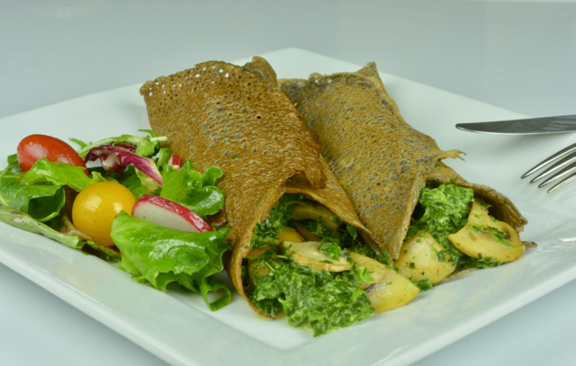 Savoury Buckwheat Crepes filled with mushrooms and spinach.