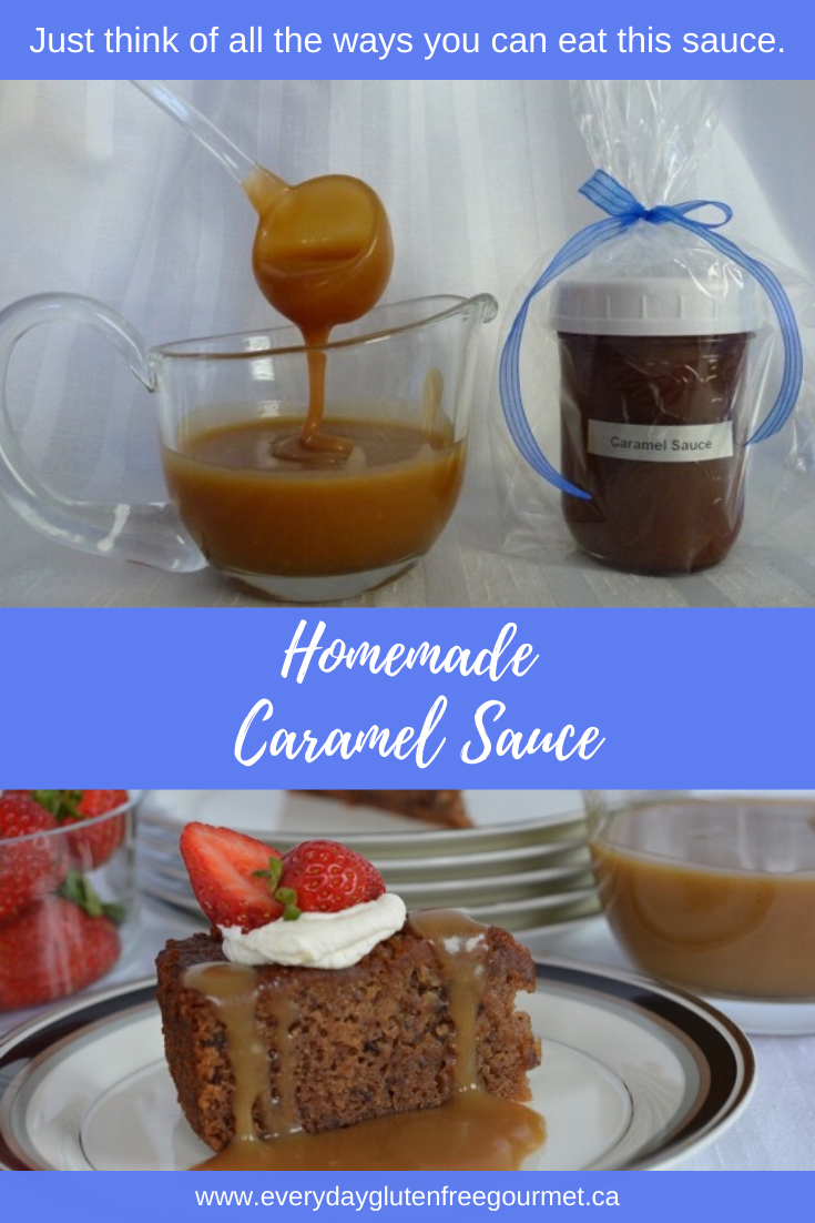 Homemade Caramel Sauce ready to spoon onto dessert plus a jar of sauce wrapped for giving.