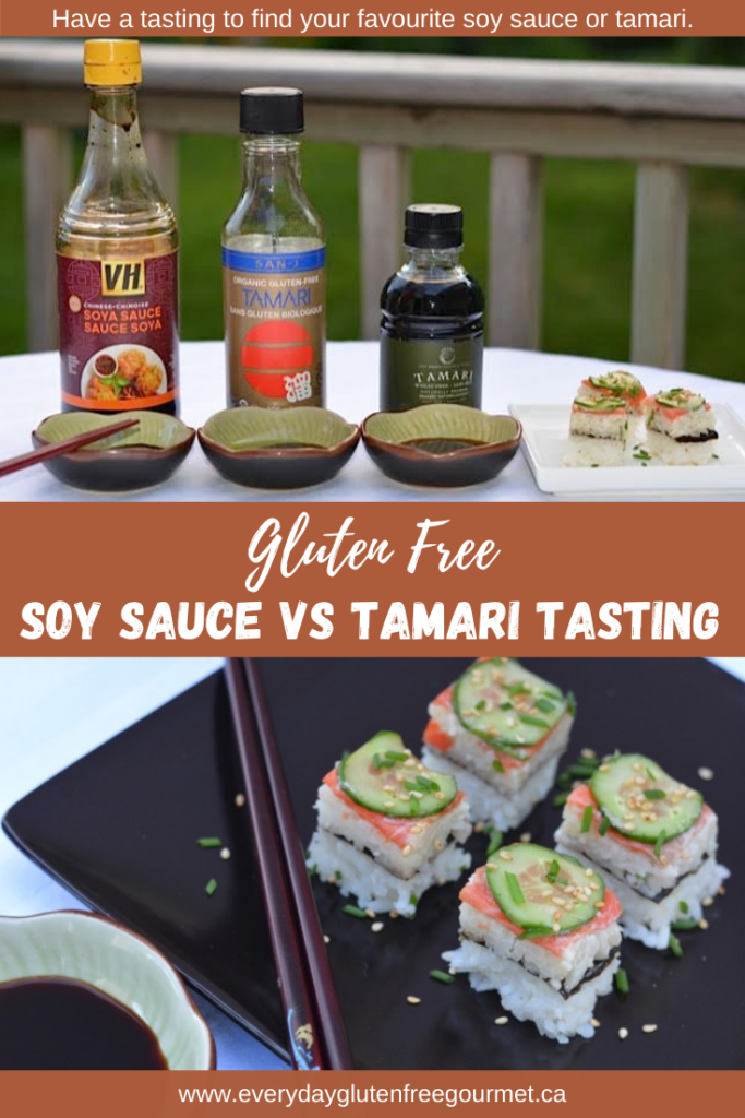 Three bottles of soy and tamari with sushi for a Soy Sauce vs Tamari Tasting.