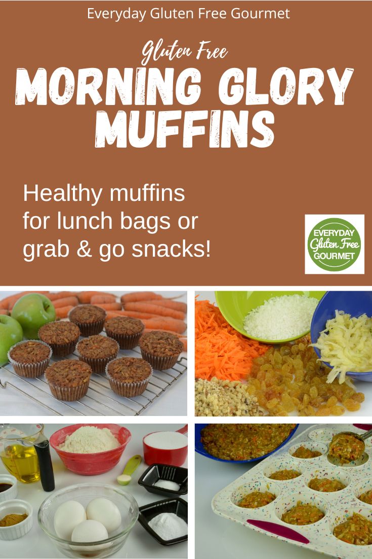 A collage of 4 pictures making Morning Glory Muffins; the dry ingredients, the apple/carrot bowl, scooping batter into the pan and finally the cooked muffins on a wire rack surrounded by green apples and fresh, whole carrots.