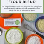 Four bowls of gluten free flour for my EGFG flour blend; millet, sorghum, sweet rice flour and potato starch.