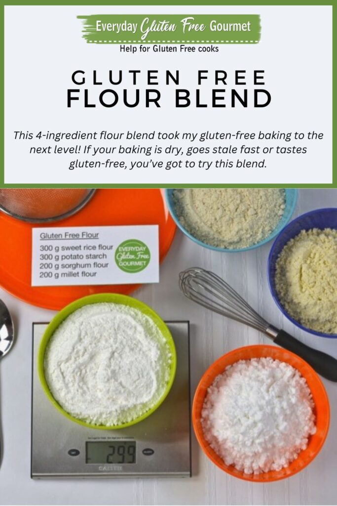 Four bowls of gluten free flour for my EGFG flour blend; millet, sorghum, sweet rice flour and potato starch.