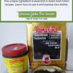 A tub of Tamarind concentrate beside a package of tamarind paste, with a small dish in front showing the paste.