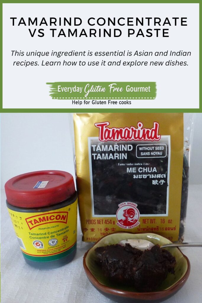 A tub of Tamarind concentrate beside a package of tamarind paste, with a small dish in front showing the paste.