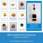 All the ingredients that are used in Worcestershire sauce and a jar of the homemade sauce.
