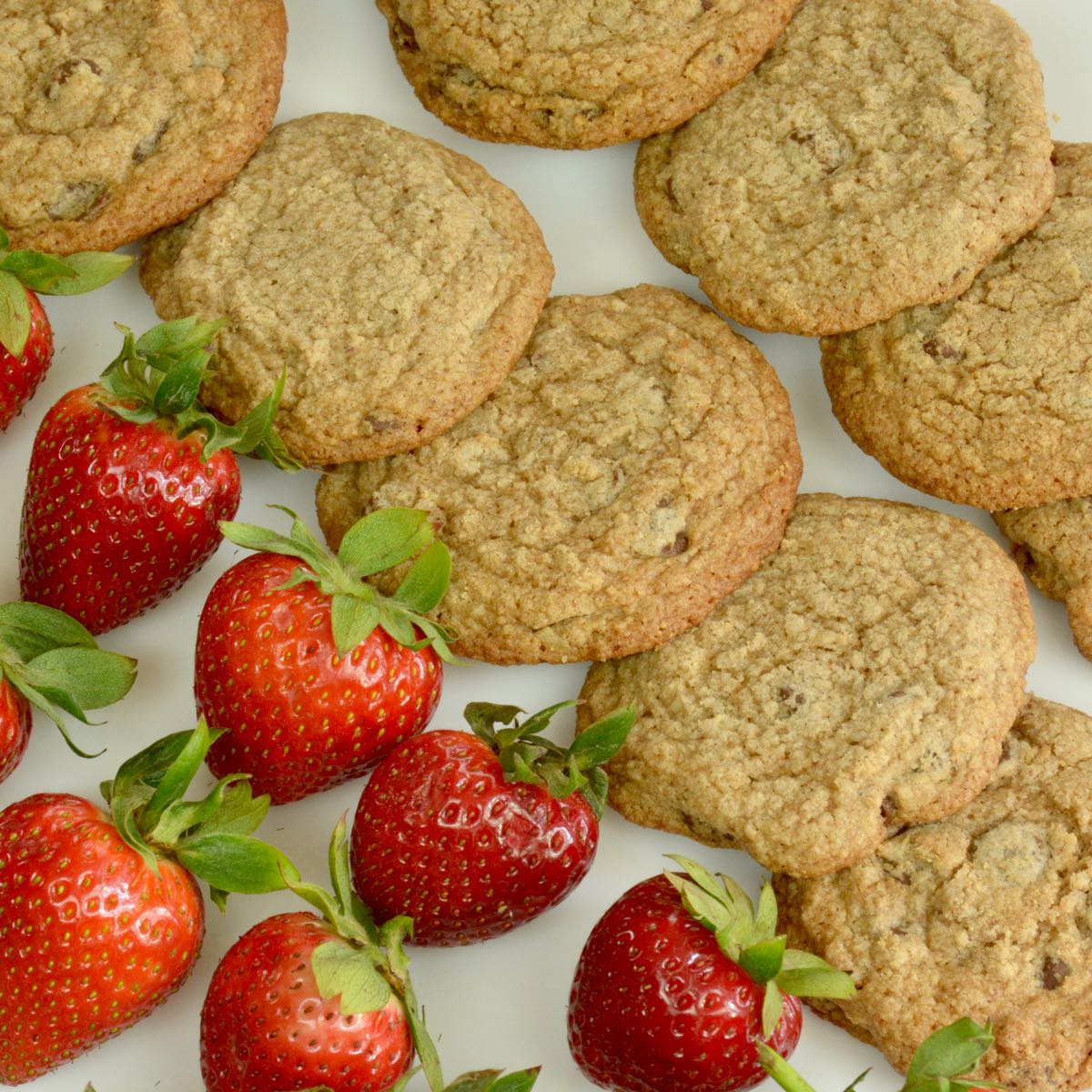 A row of gluten free chocolate chip cookies with fresh strawberries.