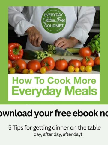 Ebook cover picture of Everyday Gluten Free Gourmet in her apron cutting cucumber, tomatoes and peppers.
