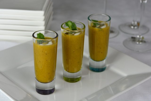 Butternut Squash Soup Shooters with Poblano Chiles make an impressive and fun holiday appetizer.