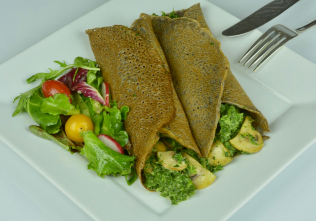 Savoury Buckwheat Crepes filled with spinach and mushrooms.