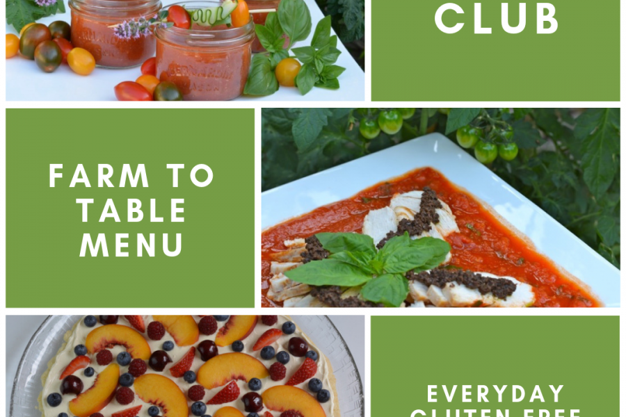 A Farm To Table Dinner Club menu could include gazpacho in Mason jars, chicken with tapenade on tomato basil sauce and a fresh fruit pizza for dessert. Don't make it more complicated than you want.