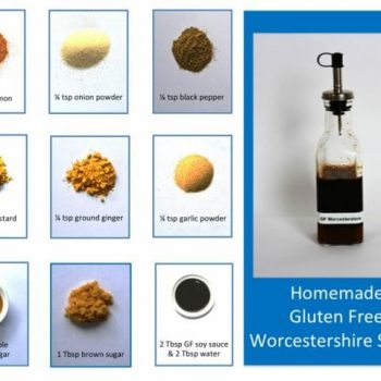 A bottle of homemade gluten free Worcestershire Sauce and pictures of all the ingredients.