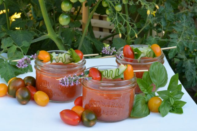Mason jars filled with my Farm to Table Gazpacho for our Gourmet Dinner Club evening.