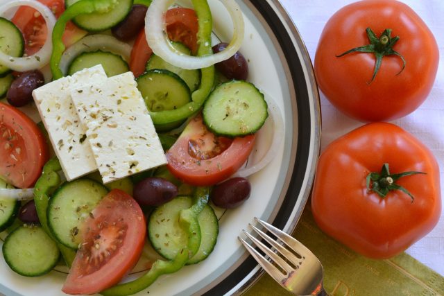 A plate of the classic Greek Summer Salad combo