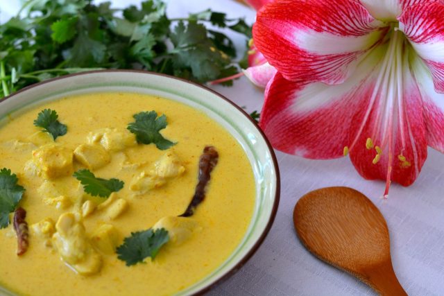 A bowl of Thai Yellow Chicken Curry made with gluten free coconut milk; garnished with fresh cilantro.