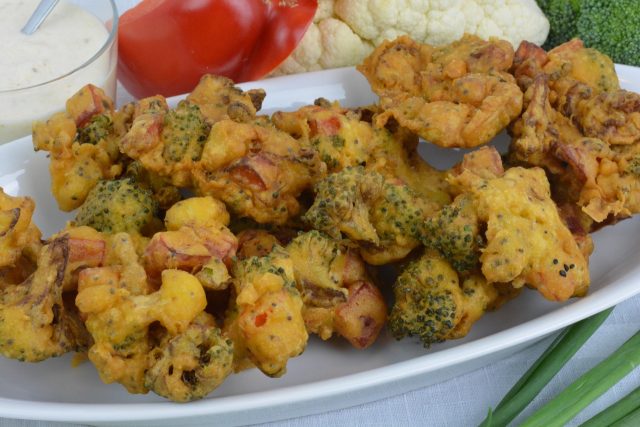 A tray of Vegetable Fritters, also known as pakora.