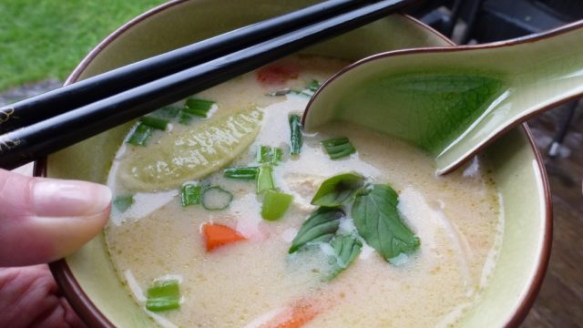 Vietnamese Lemongrass Chicken Noodle Soup containing gluten free coconut milk.