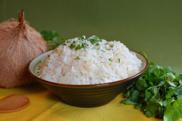 A bowl heaped full of fragrant Thai Jasmine coconut rice.