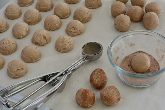 Scooping up cookie dough for Snickerdoodles