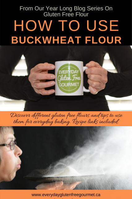 Photo of the Everyday Gluten Free Gourmet in black, holding coffee mug with logo, underneath is picture of her blowing buckwheat flour off of a plate.