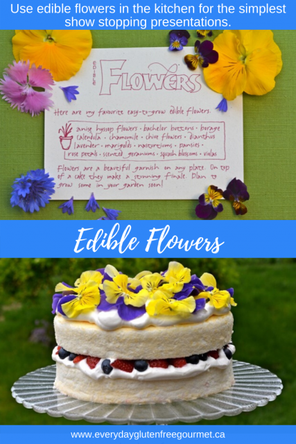 A card with a list of flowers you can eat and a gorgeous, Angel Food Cake topped with purple and yellow pansies. 