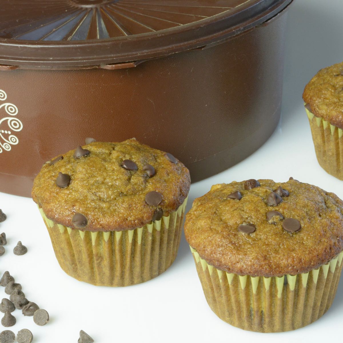 Chocolate Chip Banana Muffins with teff flour on the counter in front of a container.