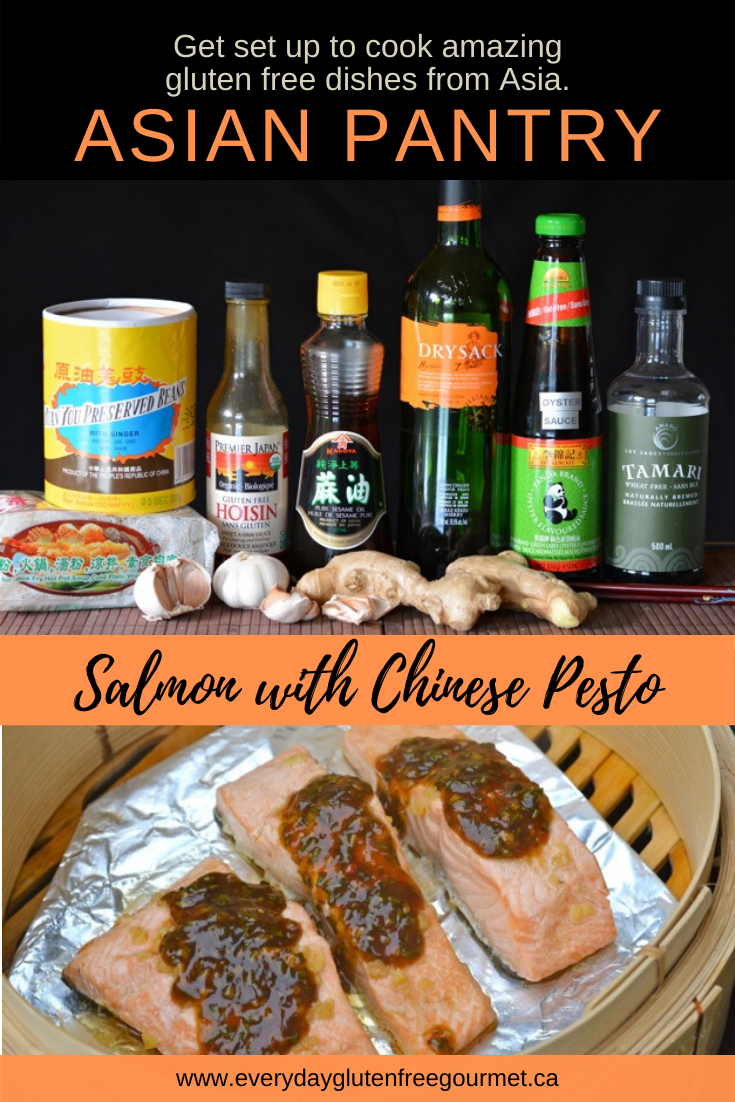 Photo of typical ingredients used in Chinese cooking, the start of your Asian Pantry. And a pic of Salmon with Chinese Pesto.