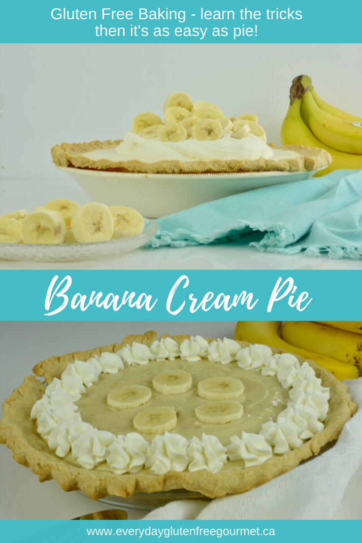 Banana Cream Pie covered in whipped cream and sliced bananas.