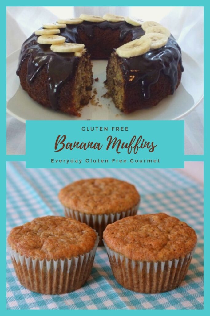 Three gluten free banana muffins as well as a Banana Bundt Cake with a chocolate glaze.