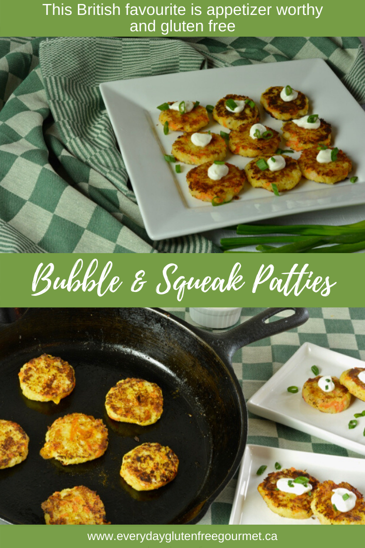 A tray of Bubble and Squeak Patties topped with sour cream and chopped green onion.