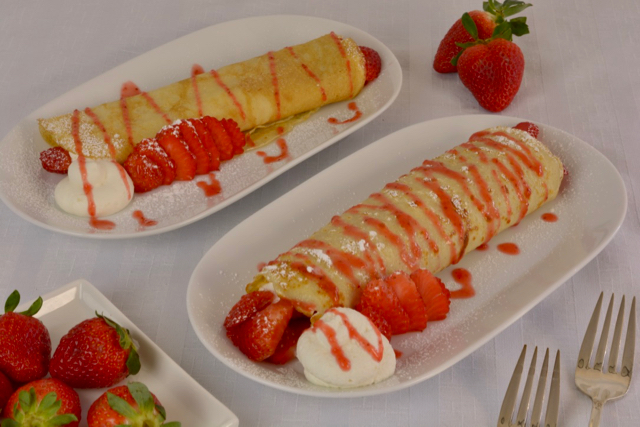 Whipped Cream Filled Crepe with Strawberry Kirsch Sauce