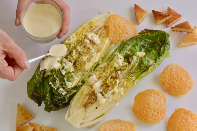 Deconstructed Grilled Caesar Salad with gluten free croutons and Parmesan cheese wafers