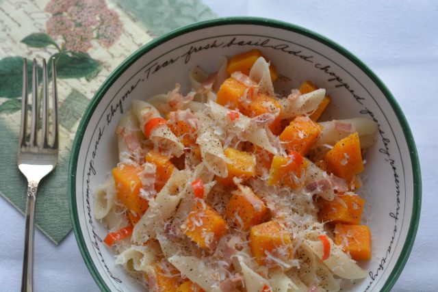 A bowl of Butternut Squash and Pancetta Penne.