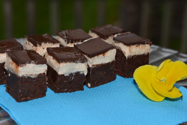 A pizza box filled with Layered Cappuccino Brownies cut in squares set on a bright blue napkin garnished with yellow pansies.