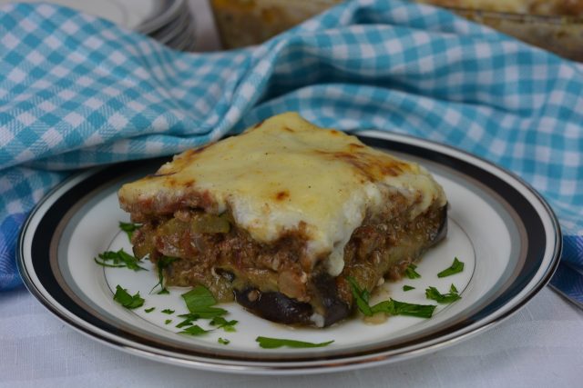 A piece of gluten free Moussaka ready to eat.